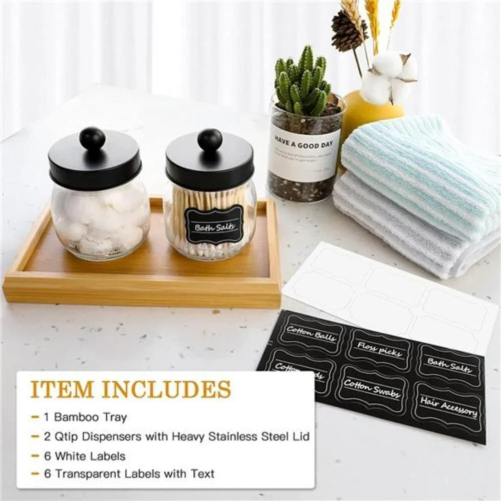 Glass Apothecary Jars with Lids Set, Glass Holder with Bamboo Tray, 2 Pack